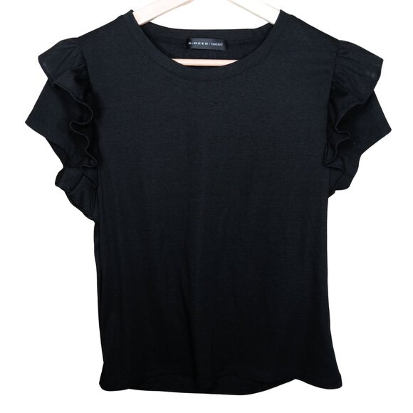 Black Cotton Top Large Ryon Blend Ruffle Short Sleeves Crew Neck - Picture 1 of 4